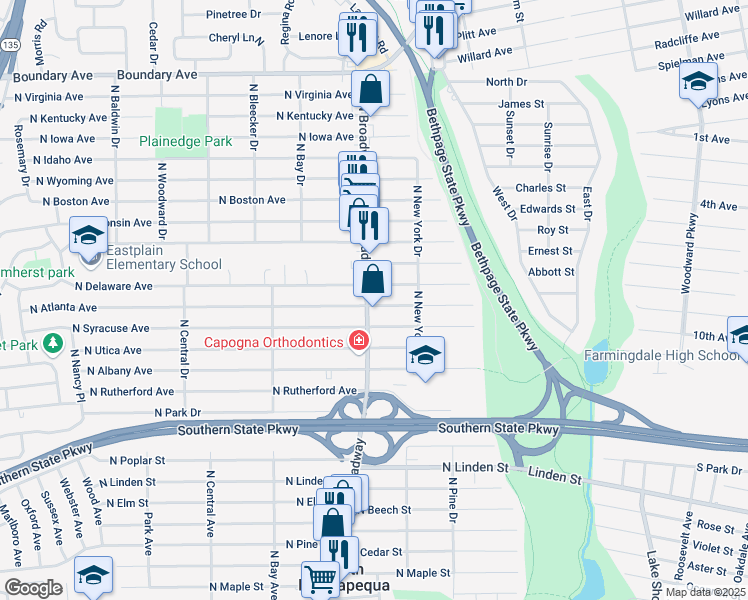 map of restaurants, bars, coffee shops, grocery stores, and more near 1042 North Broadway in North Massapequa