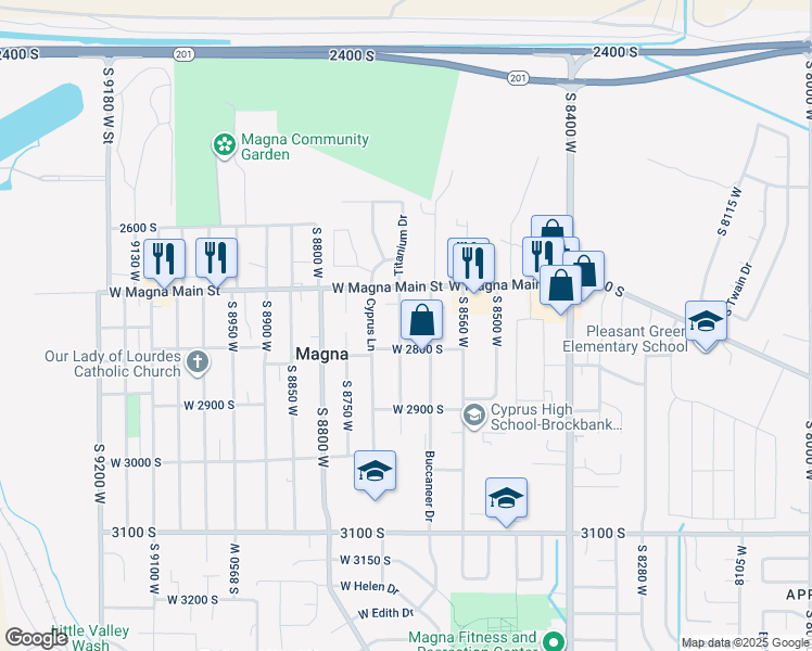 map of restaurants, bars, coffee shops, grocery stores, and more near 2763 South 8650 West in Magna
