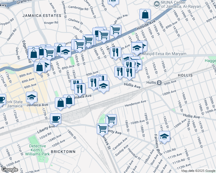 map of restaurants, bars, coffee shops, grocery stores, and more near 90-64 185th Street in Queens