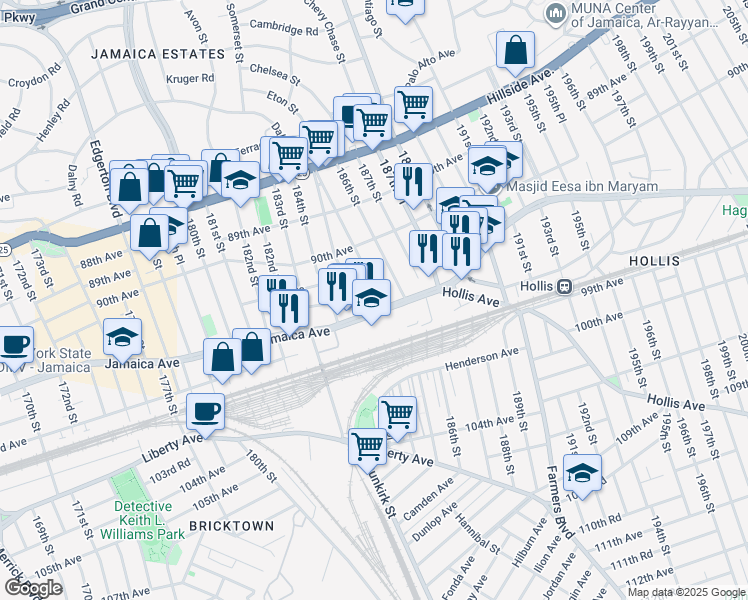 map of restaurants, bars, coffee shops, grocery stores, and more near 90-64 185th Street in Queens