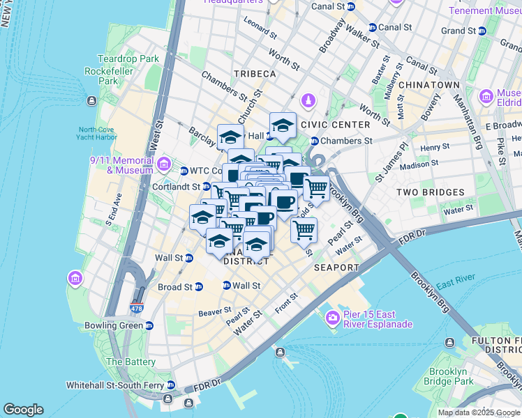 map of restaurants, bars, coffee shops, grocery stores, and more near 119 Fulton Street in New York