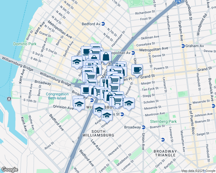 map of restaurants, bars, coffee shops, grocery stores, and more near Rodney St & S 3rd St in Brooklyn