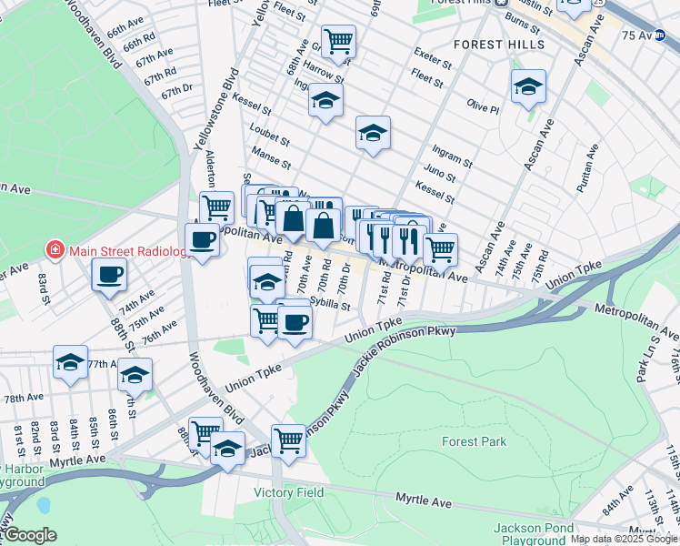 map of restaurants, bars, coffee shops, grocery stores, and more near 90-39 70th Drive in Queens