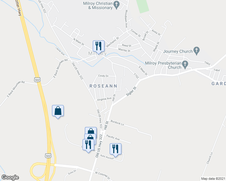 map of restaurants, bars, coffee shops, grocery stores, and more near 61 Hill Street in Milroy