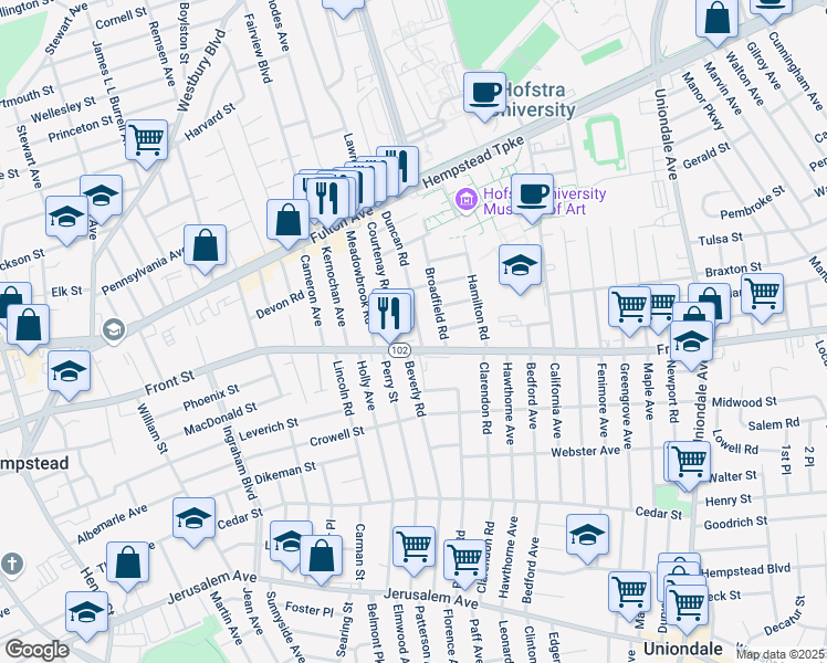 map of restaurants, bars, coffee shops, grocery stores, and more near 151 Duncan Road in Hempstead