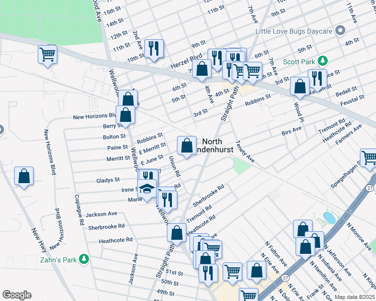 map of restaurants, bars, coffee shops, grocery stores, and more near 56 E June St in Lindenhurst
