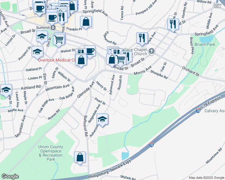 map of restaurants, bars, coffee shops, grocery stores, and more near 42 Ashwood Avenue in Summit