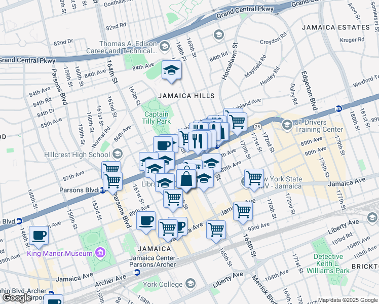 map of restaurants, bars, coffee shops, grocery stores, and more near 8753 167th Street in Queens