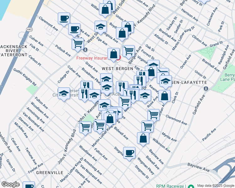 map of restaurants, bars, coffee shops, grocery stores, and more near 232 Bergen Avenue in Jersey City