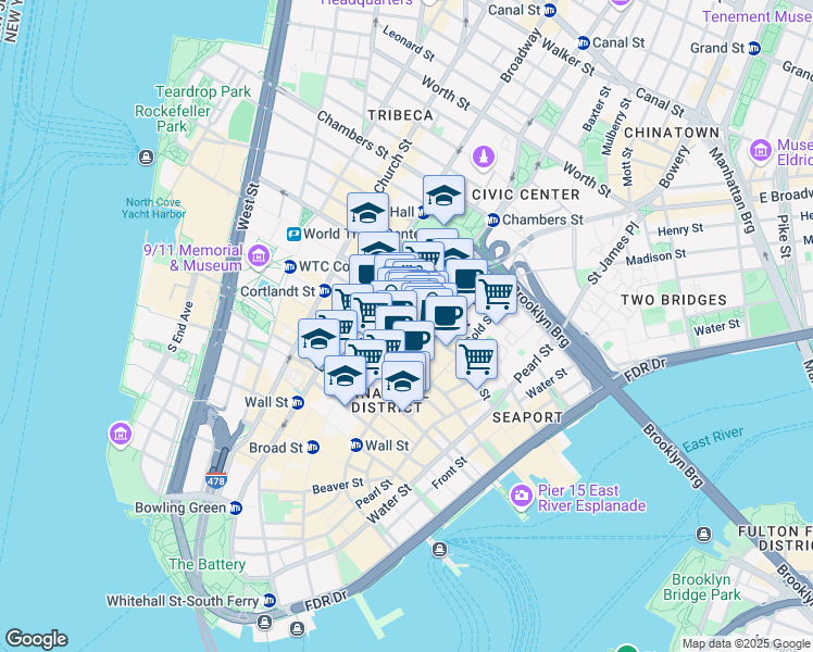 map of restaurants, bars, coffee shops, grocery stores, and more near 119 Fulton Street in New York
