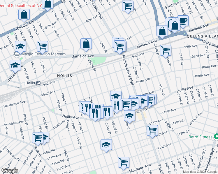 map of restaurants, bars, coffee shops, grocery stores, and more near 100-47 203rd Street in Queens