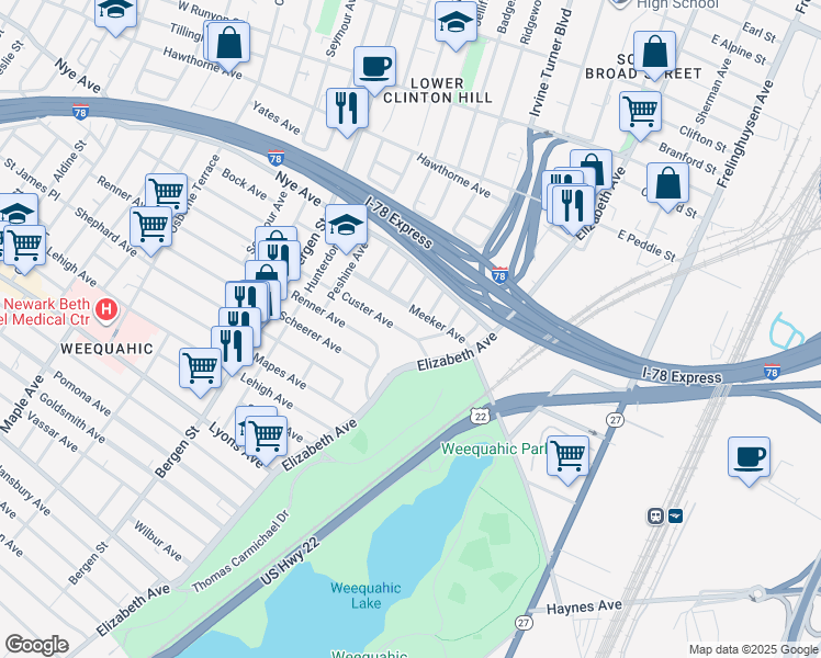 map of restaurants, bars, coffee shops, grocery stores, and more near 25 Custer Avenue in Newark