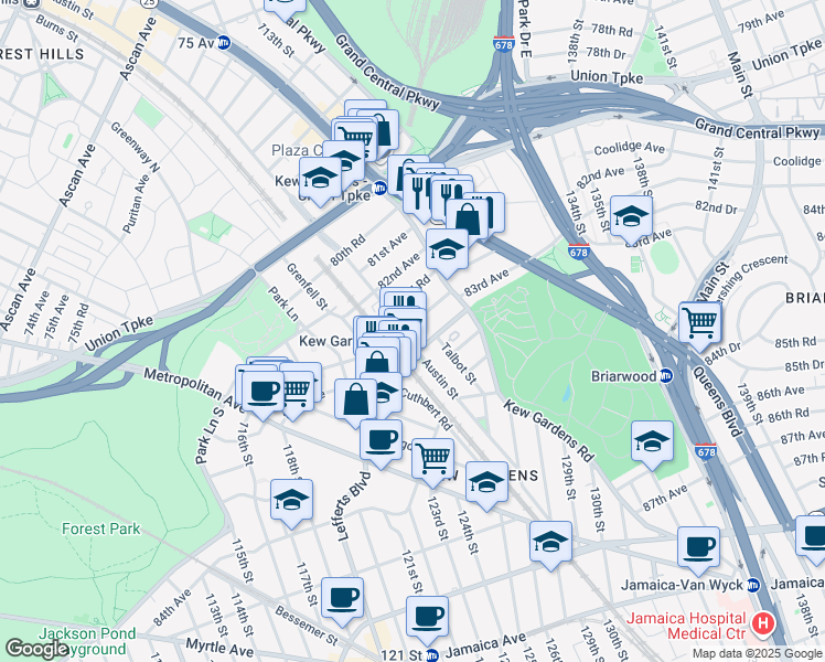 map of restaurants, bars, coffee shops, grocery stores, and more near 122-2 82 Drive in Queens