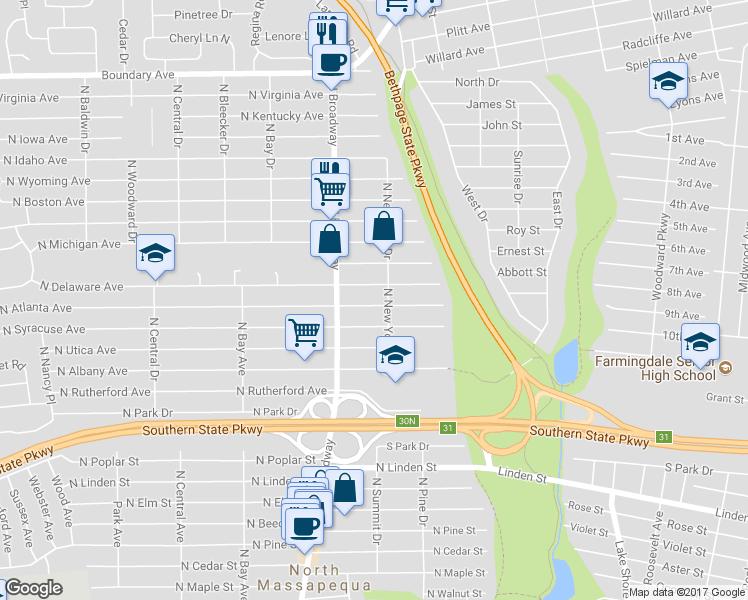 map of restaurants, bars, coffee shops, grocery stores, and more near 185 North Atlanta Avenue in Massapequa