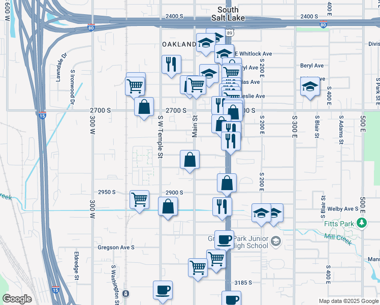 map of restaurants, bars, coffee shops, grocery stores, and more near 2814 South Main Street in South Salt Lake