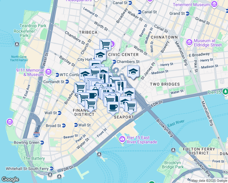 map of restaurants, bars, coffee shops, grocery stores, and more near 90 Gold Street in New York
