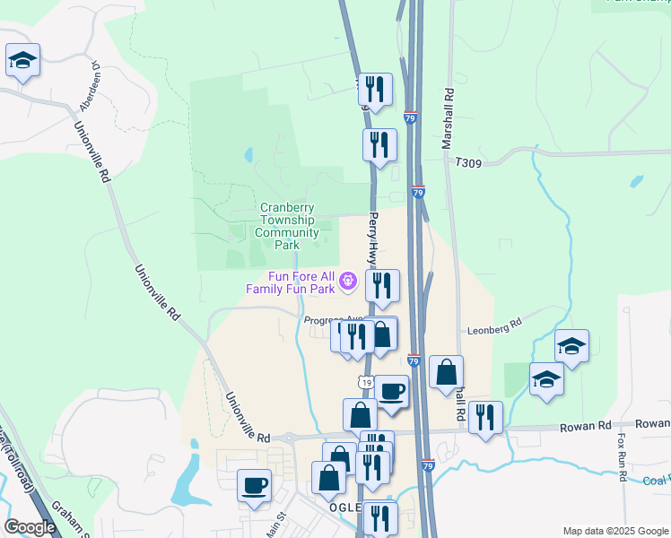 map of restaurants, bars, coffee shops, grocery stores, and more near 3020 Fairport Lane in Cranberry Township