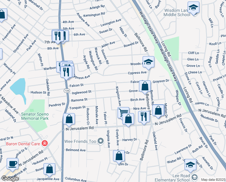 map of restaurants, bars, coffee shops, grocery stores, and more near 2644 Inglewood Street in East Meadow