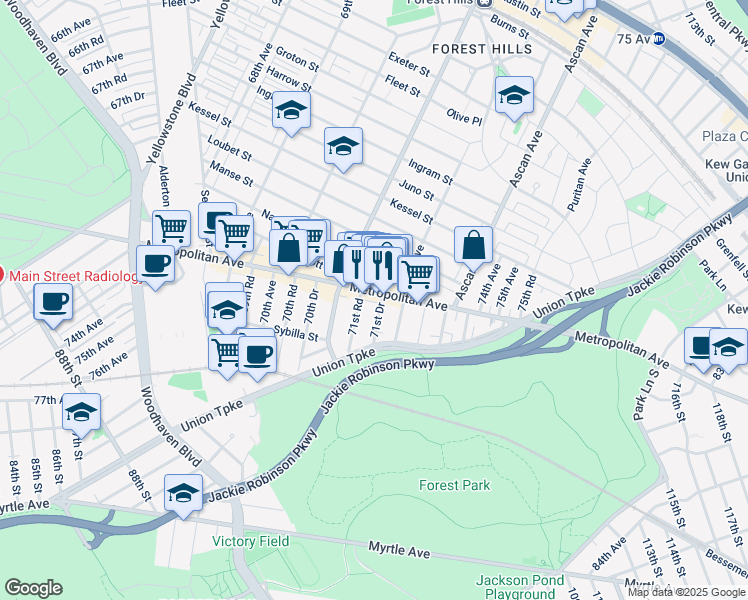 map of restaurants, bars, coffee shops, grocery stores, and more near 103-14 Metropolitan Avenue in Queens