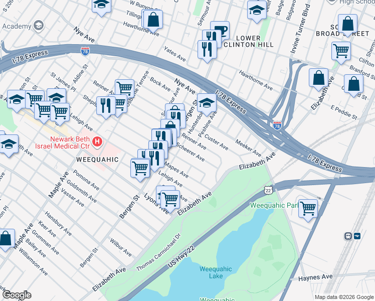map of restaurants, bars, coffee shops, grocery stores, and more near 74 Scheerer Avenue in Newark
