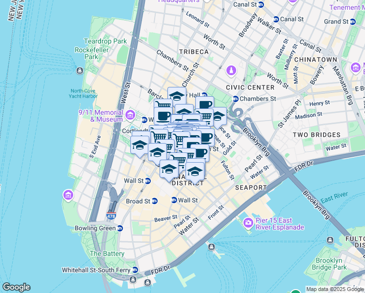 map of restaurants, bars, coffee shops, grocery stores, and more near 17 John Street in New York