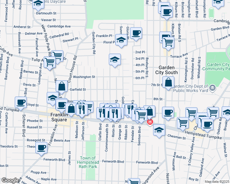 map of restaurants, bars, coffee shops, grocery stores, and more near 125 Daffodil Avenue in Franklin Square