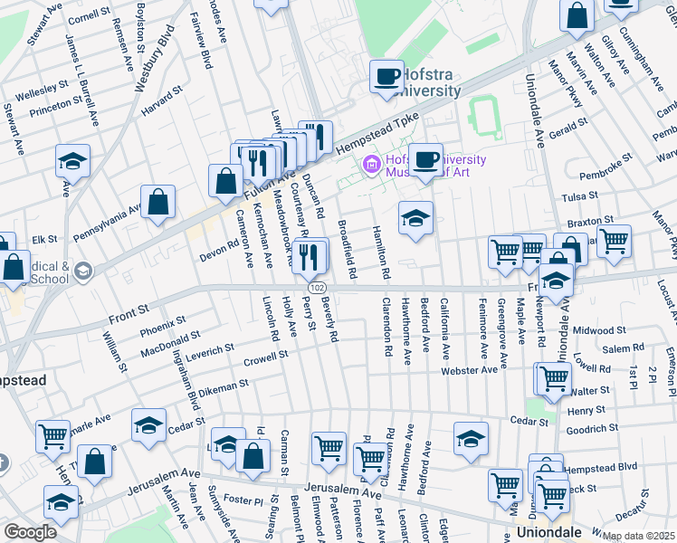 map of restaurants, bars, coffee shops, grocery stores, and more near 151 Duncan Road in Hempstead