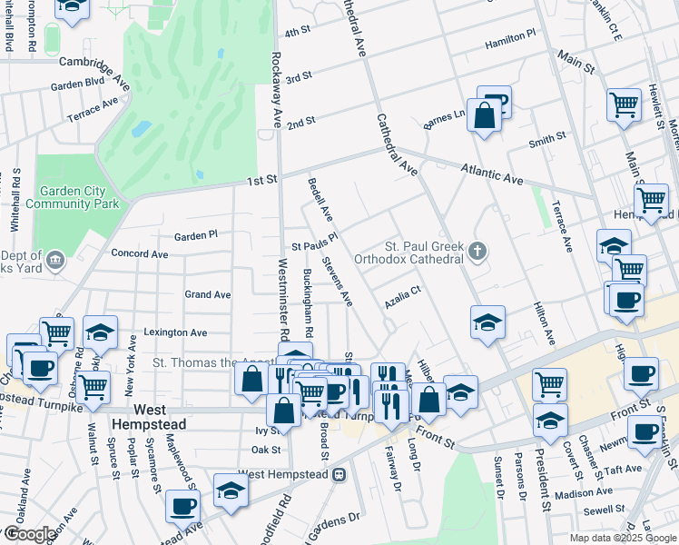 map of restaurants, bars, coffee shops, grocery stores, and more near 43 Stevens Ave in Hempstead
