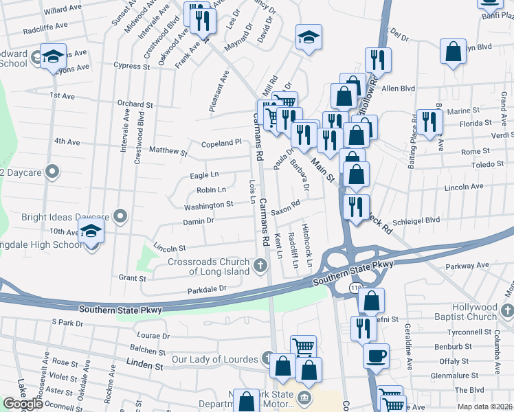 map of restaurants, bars, coffee shops, grocery stores, and more near 29 Lois Lane in South Farmingdale