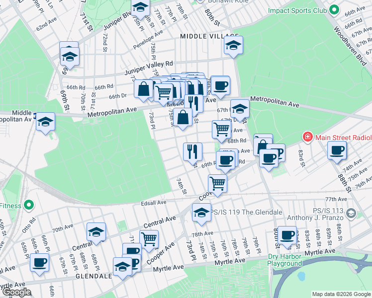 map of restaurants, bars, coffee shops, grocery stores, and more near 68-30 76th Street in Queens