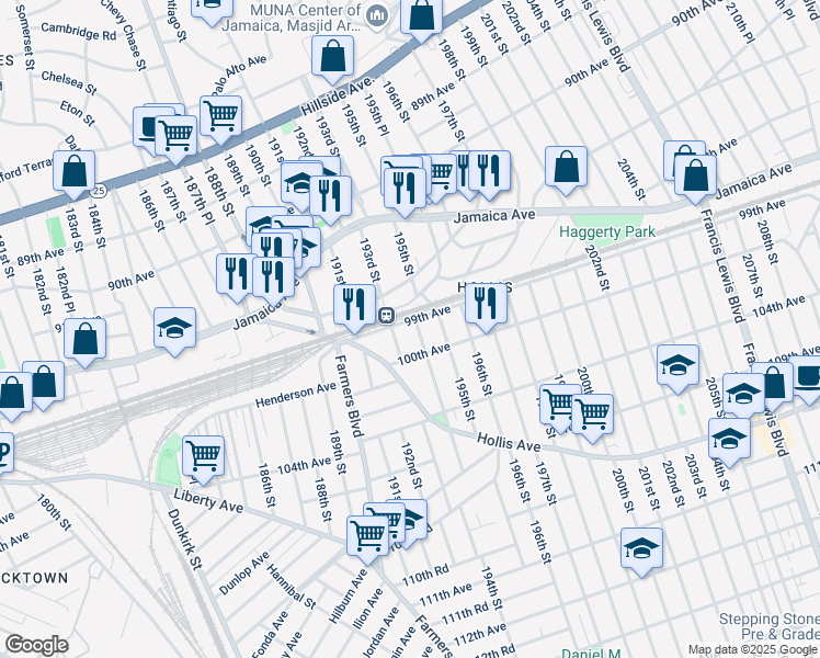 map of restaurants, bars, coffee shops, grocery stores, and more near 193-14 99th Avenue in Queens