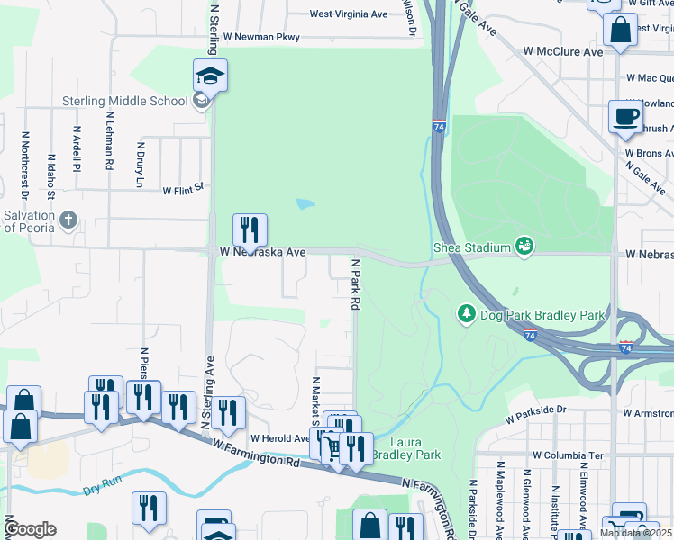 map of restaurants, bars, coffee shops, grocery stores, and more near 1808 N Otley Rd in Peoria
