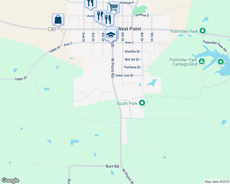 map of restaurants, bars, coffee shops, grocery stores, and more near 1666 West Point Road in West Point