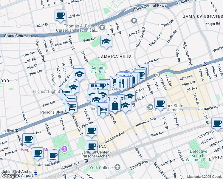map of restaurants, bars, coffee shops, grocery stores, and more near 87-38 166th Street in Queens
