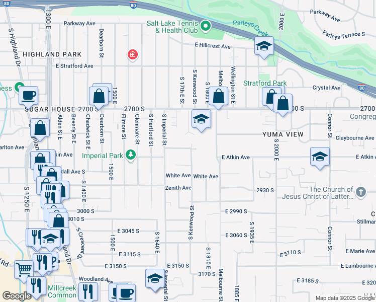 map of restaurants, bars, coffee shops, grocery stores, and more near 1718 East Atkin Avenue in Salt Lake City