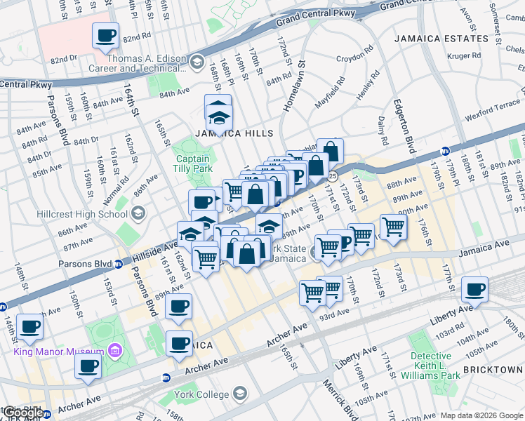 map of restaurants, bars, coffee shops, grocery stores, and more near Hillside Avenue & 168th Street in Queens
