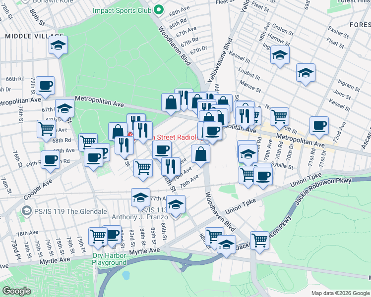 map of restaurants, bars, coffee shops, grocery stores, and more near 89-05 Rutledge Avenue in Queens