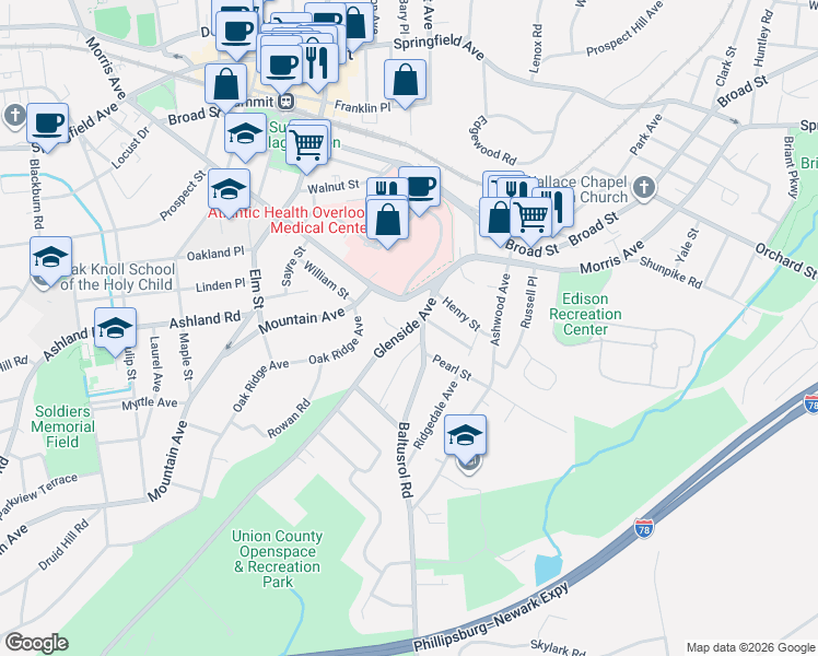 map of restaurants, bars, coffee shops, grocery stores, and more near 27 Glenside Avenue in Summit