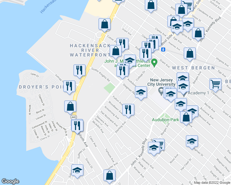 map of restaurants, bars, coffee shops, grocery stores, and more near 176 West Side Avenue in Jersey City