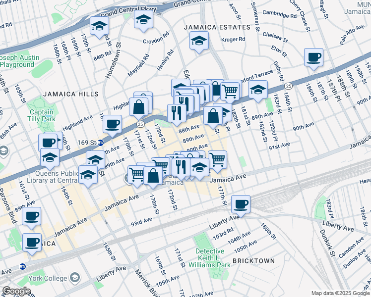 map of restaurants, bars, coffee shops, grocery stores, and more near 89-21 175th Street in Queens