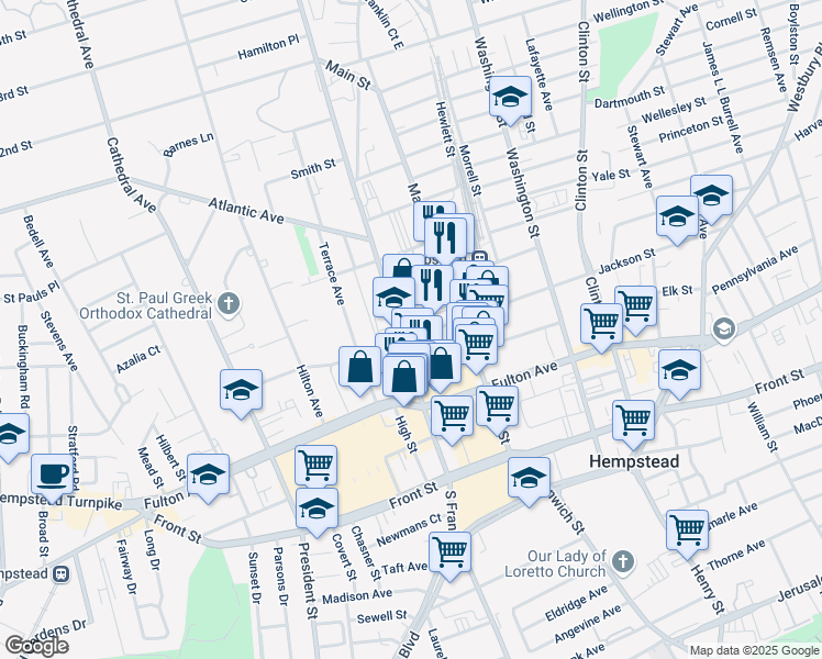 map of restaurants, bars, coffee shops, grocery stores, and more near 118 North Franklin Street in Hempstead