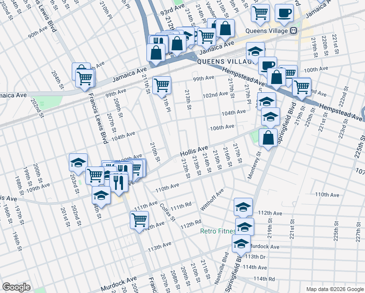 map of restaurants, bars, coffee shops, grocery stores, and more near 63 212th Street in Queens