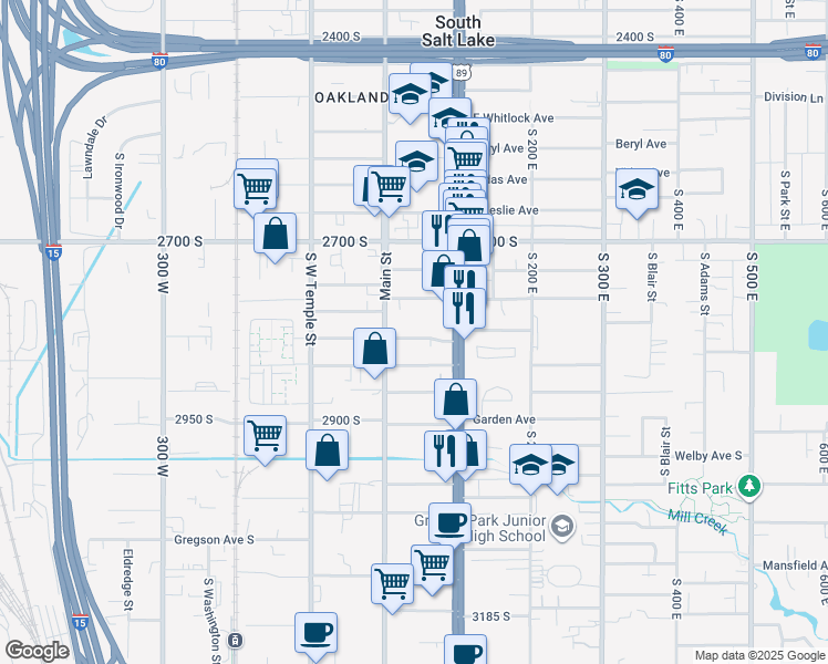 map of restaurants, bars, coffee shops, grocery stores, and more near in South Salt Lake