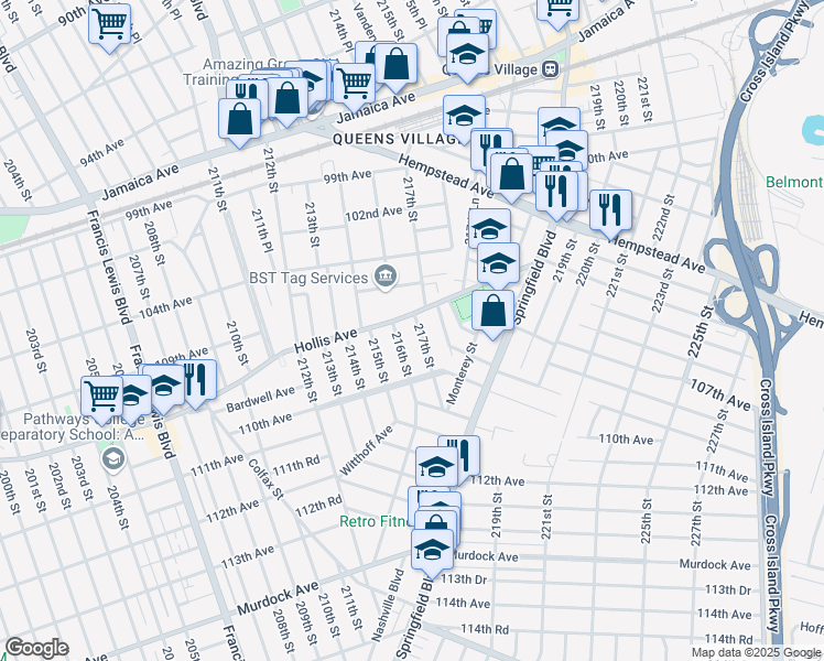 map of restaurants, bars, coffee shops, grocery stores, and more near 109-14 217th Street in Queens