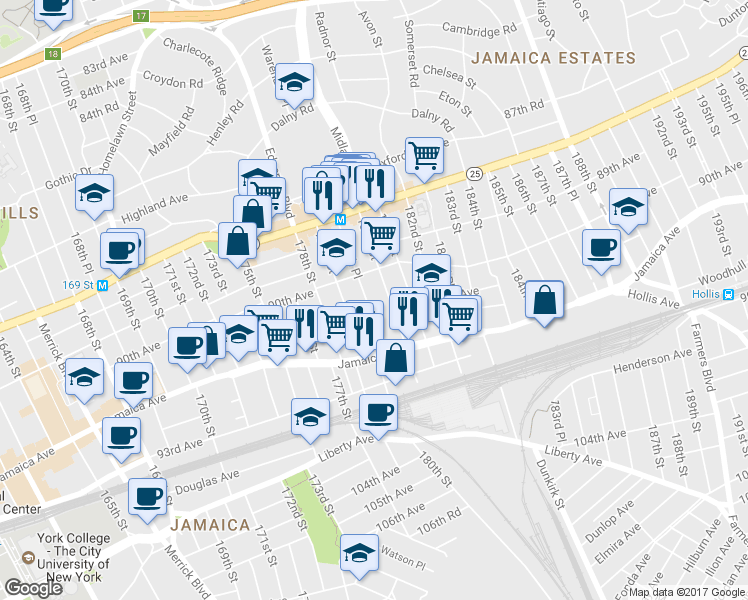 map of restaurants, bars, coffee shops, grocery stores, and more near 90-31 179th Pl in Queens