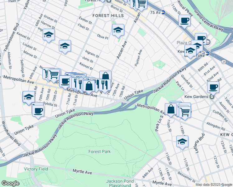 map of restaurants, bars, coffee shops, grocery stores, and more near 100-22 75th Avenue in Queens