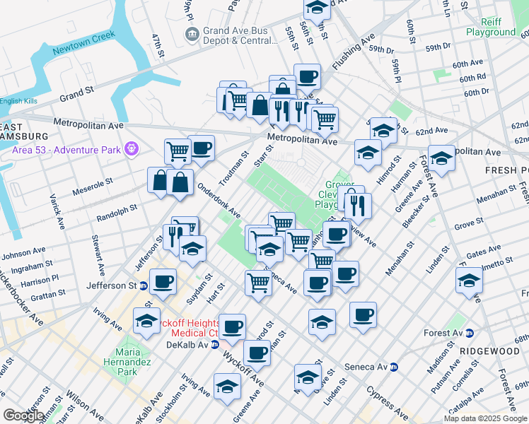 map of restaurants, bars, coffee shops, grocery stores, and more near 18-80 Suydam Street in Queens