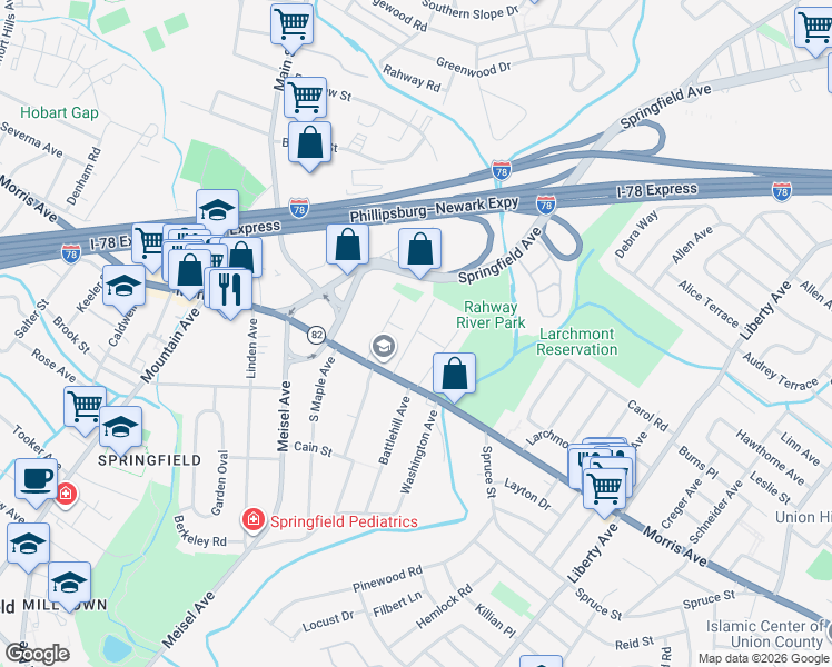 map of restaurants, bars, coffee shops, grocery stores, and more near 24 Perry Place in Springfield