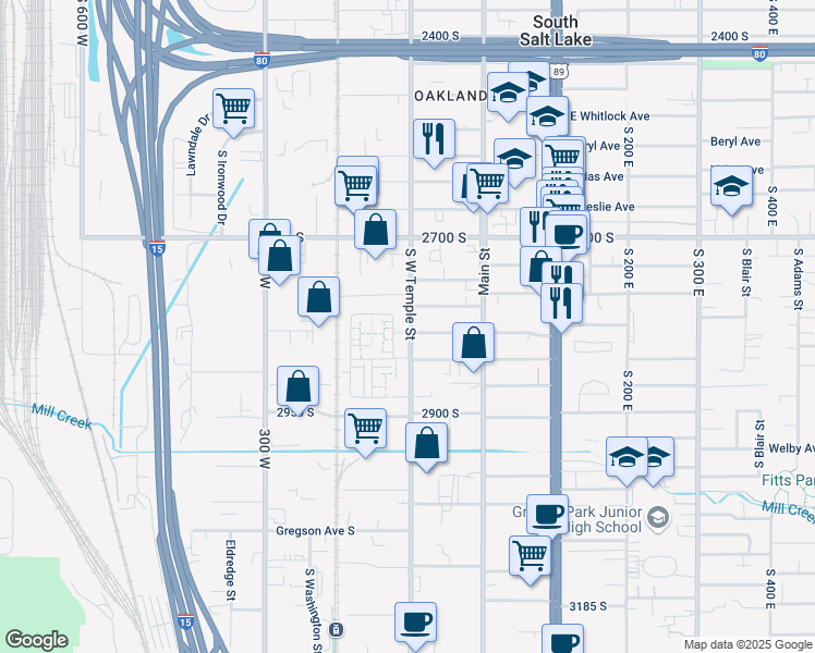 map of restaurants, bars, coffee shops, grocery stores, and more near 2814 South West Temple in South Salt Lake