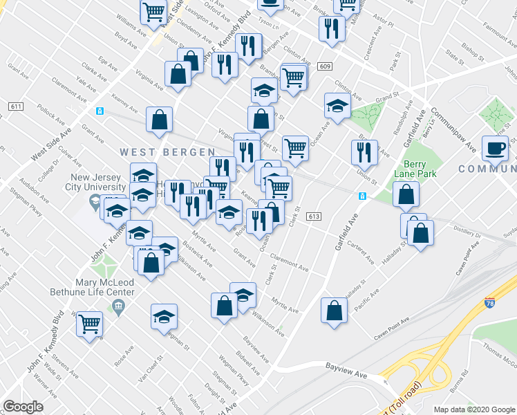 map of restaurants, bars, coffee shops, grocery stores, and more near 455 Rose Avenue in Jersey City